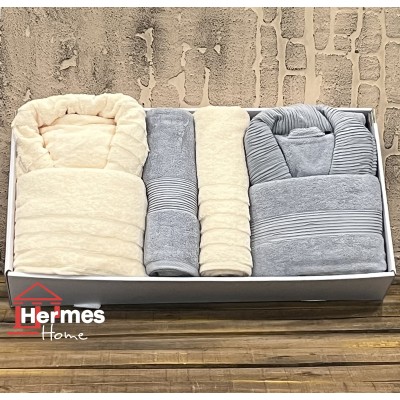 حوله|سرویس حوله پنبه ژاکارد دونفره مدل: DIMORA (gri-krem)