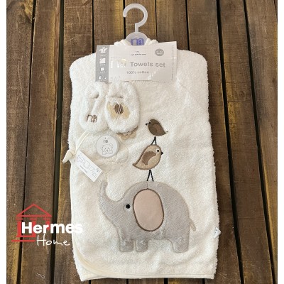 خانه|سرویس حوله نوزادی ۵ تیکه مادرکر MOTHERCARE مدل: BIRD AND ELEPHENT KREM
